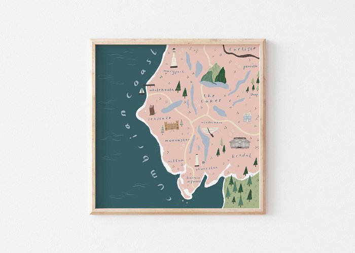 Muncaster Castle Cumbrian Coast Poster, Map of Cumbria Illustration the Lake ... photo