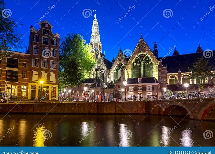 Old church Old Church Oude Kerk and Amsterdam Canals at Night, Netherlands ... photo